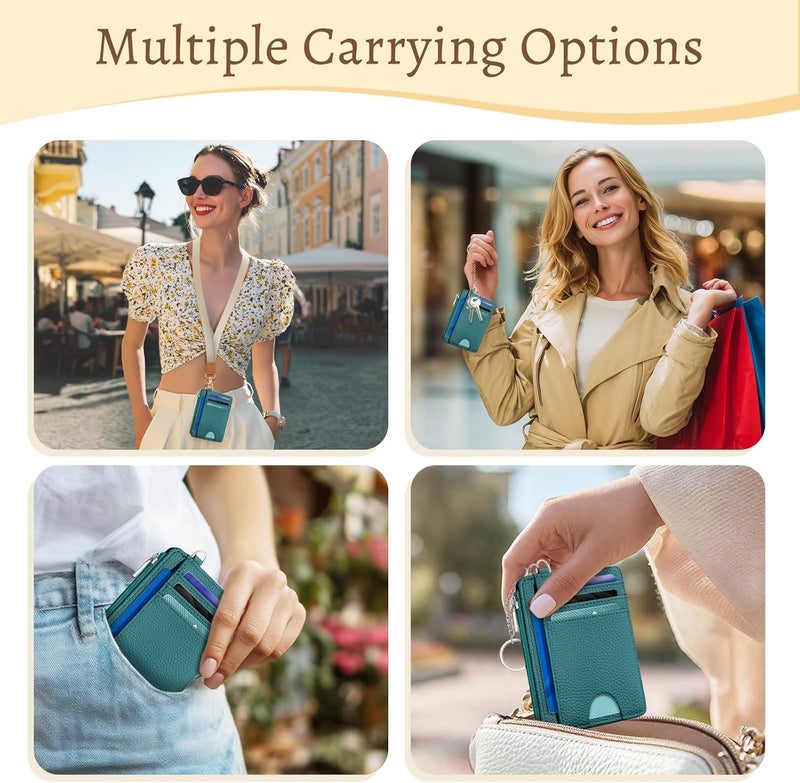 Kelvoris Teal Blue Credit Card Holder Small Wallet Women, Minimalist Slim RFID Blocking Wallet Woman Keychain with Zipper Coin Pocket, Front Pocket Thin Travel Card Case with ID Window Ladies Gifts - Image 2